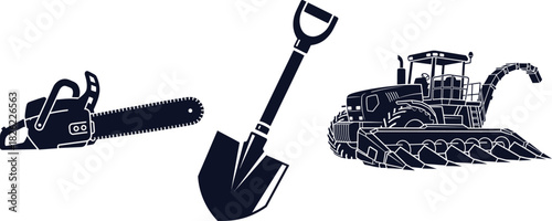 Chainsaw Shovel And Heavy Duty Tractor Silhouette On White Background agriculture