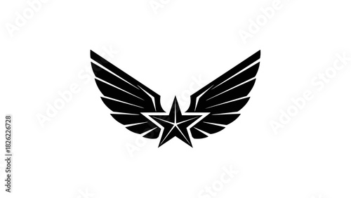 A stylized black star with wings on a white background.
