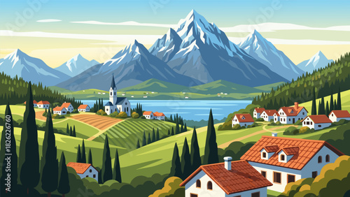 Scenic alpine village nestled between rolling vineyards and majestic snow-capped mountains under a clear blue sky