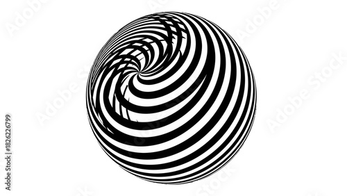 Hypnotic black and white striped sphere optical illusion creating a swirling vortex effect on a plain background.