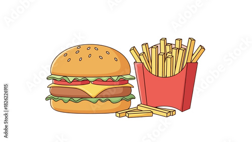 A delicious-looking hamburger with cheese and lettuce next to a carton of french fries, presented in a simple, clean illustration style.