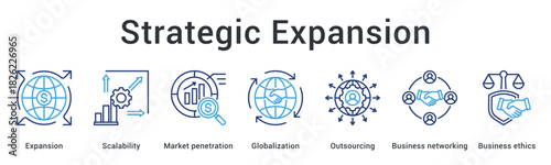 Strategic expansion banner web icon scales market penetration through globalization outsourcing with ethical networking practices.