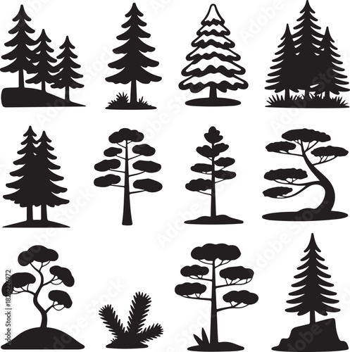 Set of Different Trees Silhouette Illustration Collection Forest Design Elements