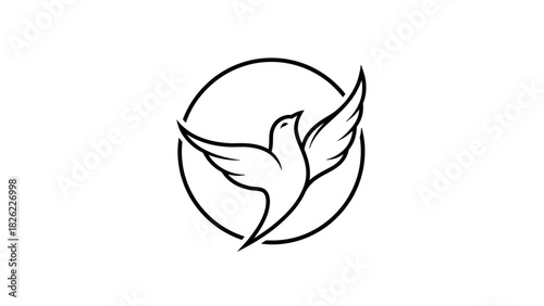 A minimalist black and white line art logo of a dove with spread wings inside a circle.