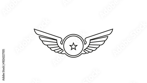 A simple black and white line art icon of wings spreading from a central circle containing a star.