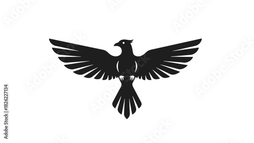 Stylized black bird with outstretched wings against a white background, minimalist design.