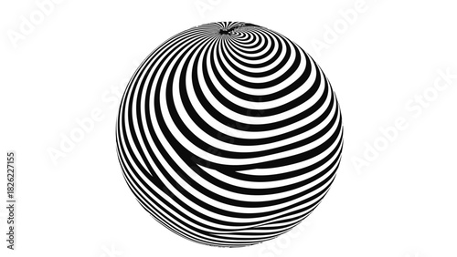 Optical illusion of a sphere with black and white stripes creating a swirling effect.