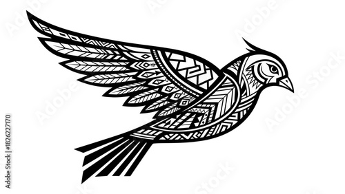 A stylized black and white bird in flight, adorned with intricate tribal and geometric patterns.