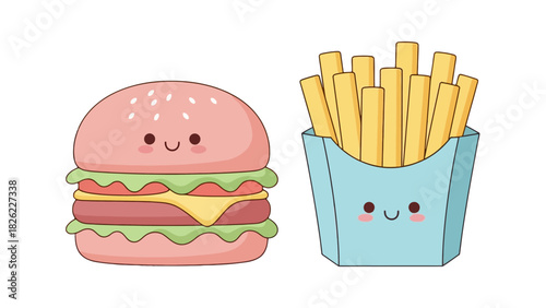 A cute cartoon illustration of a hamburger and a container of french fries, both with smiling faces.
