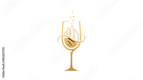 Elegant golden logo featuring a wine glass with a city skyline and bubbles, perfect for a sophisticated brand.