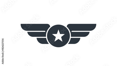 A minimalist dark gray icon featuring a star inside a circle with two stylized wings extending outwards on a white background.