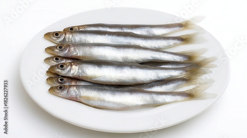 Fresh smelt fish on white plate isolated. Generative AI