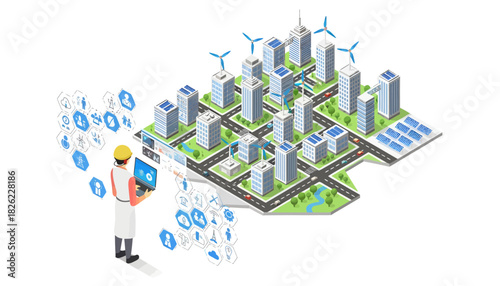 Isometric illustration of an engineer designing a sustainable city with renewable energy sources and green spaces.