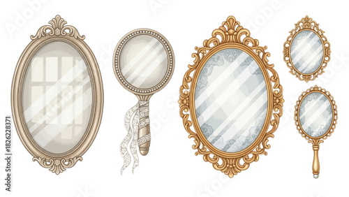 Collection of ornate vintage gold mirrors and handheld vanity mirrors with decorative frames and lace details.