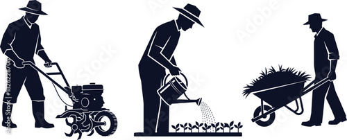 Farmers Tilling Watering Plants and Transporting Soil Silhouettes Keywords: farmer, agriculture, farming, tilling, watering, plants