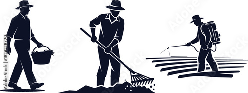 Farmers in silhouette performing agricultural tasks with bucket rake and sprayer agriculture