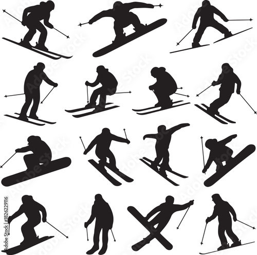 Silhouette Collection of Winter Sports Activities Featuring Skiing and Snowboarding