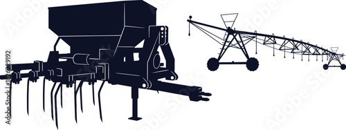Silhouette of Agricultural Seeding and Irrigation Equipment on White Background Keywords: agricultural machinery, farming equipment