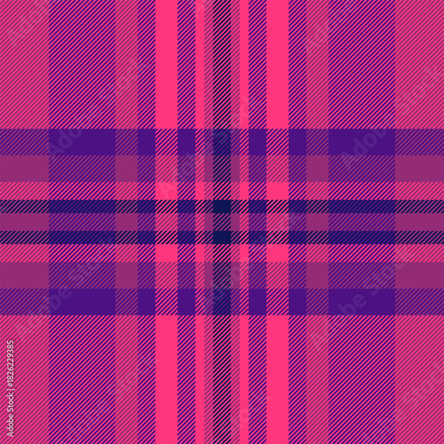 Vibrant plaid pattern in pink and purple. Classic textile design, perfect for backgrounds, fashion, and design projects. Versatile and eyecatching texture.