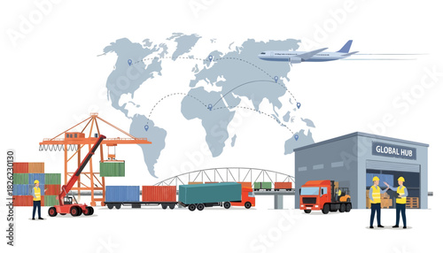 Illustration of global logistics and transportation network with workers and vehicles
