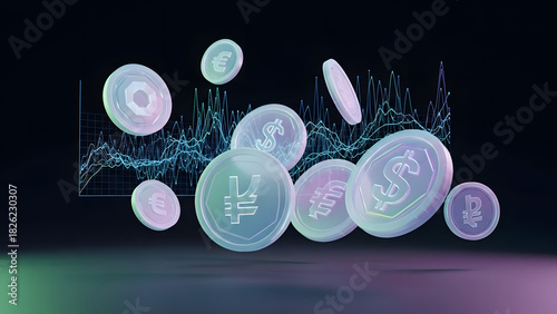 Abstract Representation of Floating Currency Coins and Graph Background