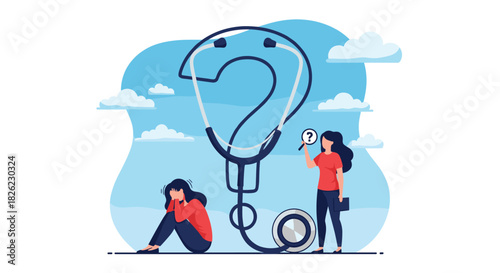 Searching for mental health support for depression and anxiety with a stethoscope question, concept for healthcare and well being illustration