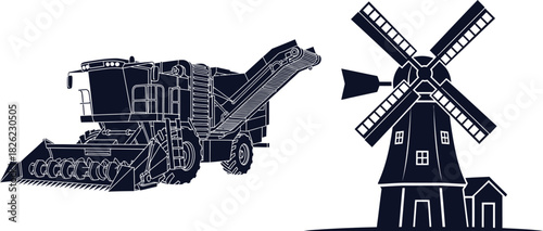 Silhouette of Combine Harvester and Traditional Windmill on White Background agriculture farming