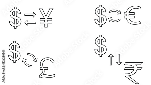 Set of Line art for Global Currency Exchange Dollar, Yen, Euro, Pound, Rupee. vector design editable