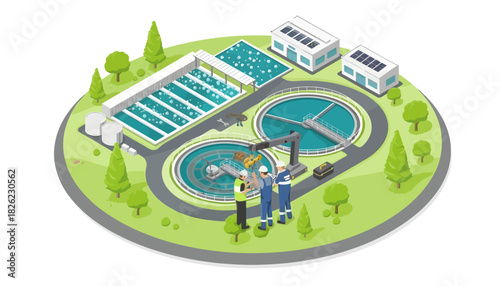 Isometric illustration of two workers inspecting a wastewater treatment plant surrounded by greenery