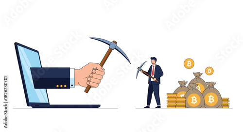 Start mining cryptocurrency online and generate passive income with Bitcoin, a businessman is ready to start earning coins now