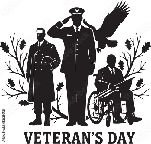 Veterans day, Silhouette of a saluting soldier in front of the American flag with bold “Veterans Day” text, symbolizing honor, patriotism, and remembrance