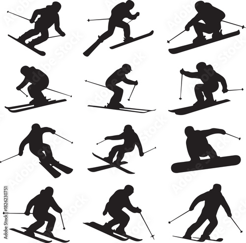Silhouette Skiers and Snowboarder Graphic Vector Design Winter Sport Season