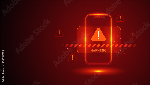 Digital Scam Warning on Mobile Phone Screen Vector - Cyber Security Alert Interface with Red Neon Glow Technology