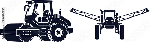 Silhouette of Road Roller and Sprayer Tractor on White Background Keywords: road roller, compactor, construction equipment, asphalt