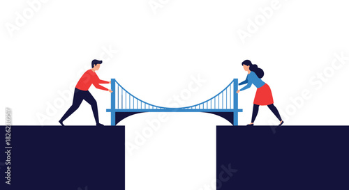 Teamwork builds bridges to success as man and woman collaborate to overcome challenges, creating connection and growth for business