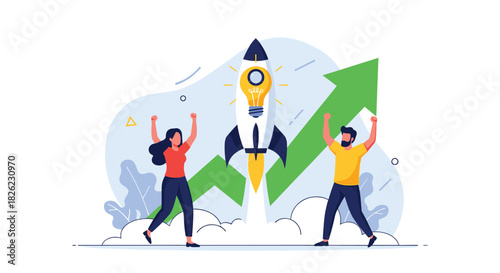 Excited team launching innovative startup idea with rocket, celebrating growth and success, achieving business goals together with dynamic energy