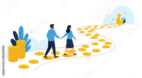 Couple walking toward financial success, building wealth together in modern economy, achieving investment goals and financial freedom for future