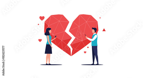 Couple texting near broken heart symbolizing relationship problems, modern dating challenges, emotional distress, digital age, heartbreak, and social media