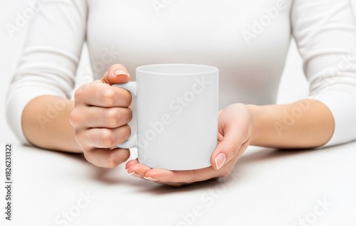 White Ceramic Mug Held by Woman Hands