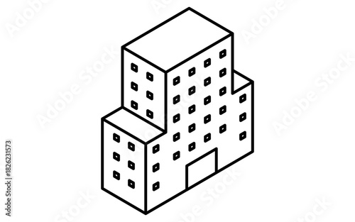 Real Estate Purchase, Mid-to-High-Rise Condominium Simple Line Drawing Isometric Illustration, black and white
