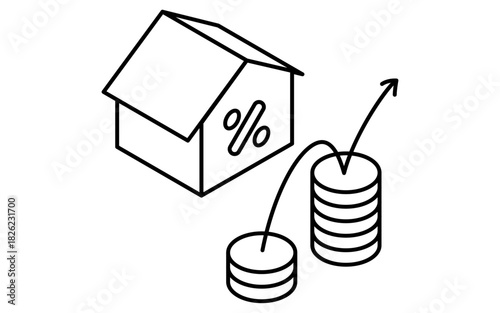 Real Estate Purchase, Simple Line Drawing Isometric Illustration of Variable Mortgage Rates and Interest Rate Increases, black and white