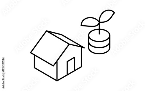 Real Estate Purchase, Simple Line Drawing Isometric Illustration of a Home with Asset Value, black and white