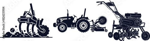 Silhouettes of a Plow, Tractor with Mower, and Tiller on White Background Keywords: plow, tractor, farm tractor, agriculture