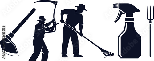 Silhouettes of Farmers and Gardening Tools on White Background Keywords: farmer, agriculture, gardening, tools, hoe, scythe, rake