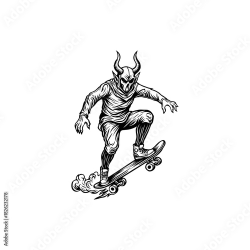 black logo illustration of a devil playing skateboard