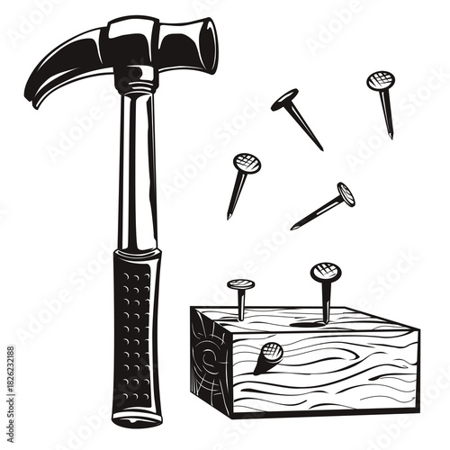 Hammer and Nails – Black and White Vector Illustration