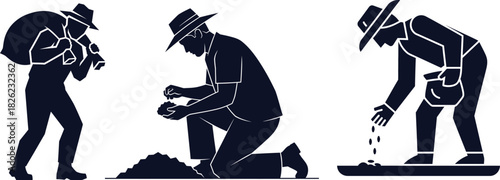 Silhouettes of Farmers Planting Seeds and Carrying Sacks on White Background Keywords: farmer, agriculture, planting, seeds, sowing