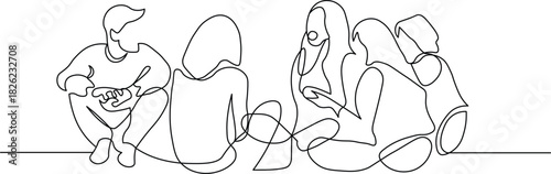 Friends gather enjoying each other's company in continuous line drawing, youthful group sharing moments, celebrating life's connections, friendship and camaraderie