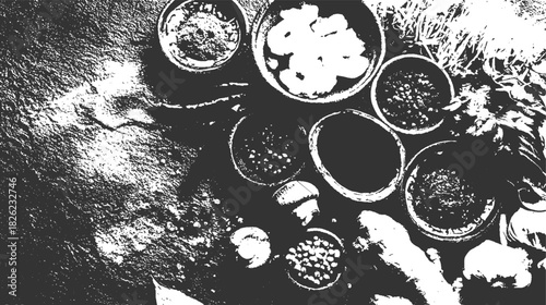 Overhead view of small bowls filled with spices and herbs next to ginger root vector