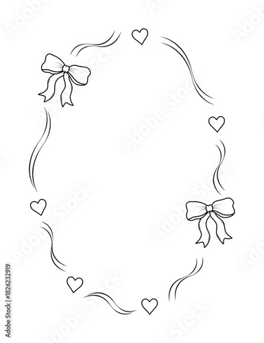 Vintage frame with a bow and a ribbon border. Doodle coquette style decorative ornament. Hand drawn vector illustration on white background.